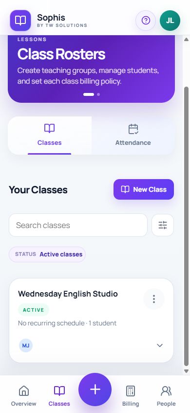 Classes screen in Sophis